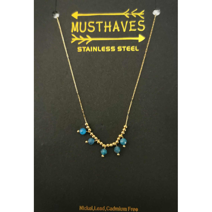 Collier en acier inoxydable doré avec 5 petites perles bleues