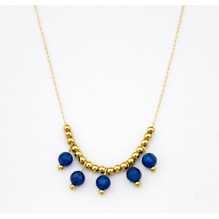 Collier en acier inoxydable doré avec 5 petites perles bleues