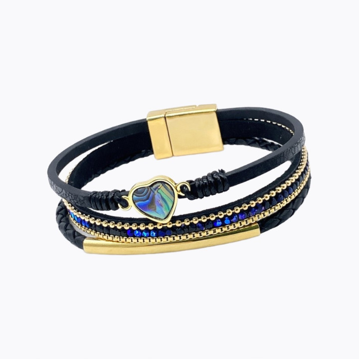 Bracelet en cuir Bleu foncé une remarquable incrustation de nacre (MOP) en forme de cœur