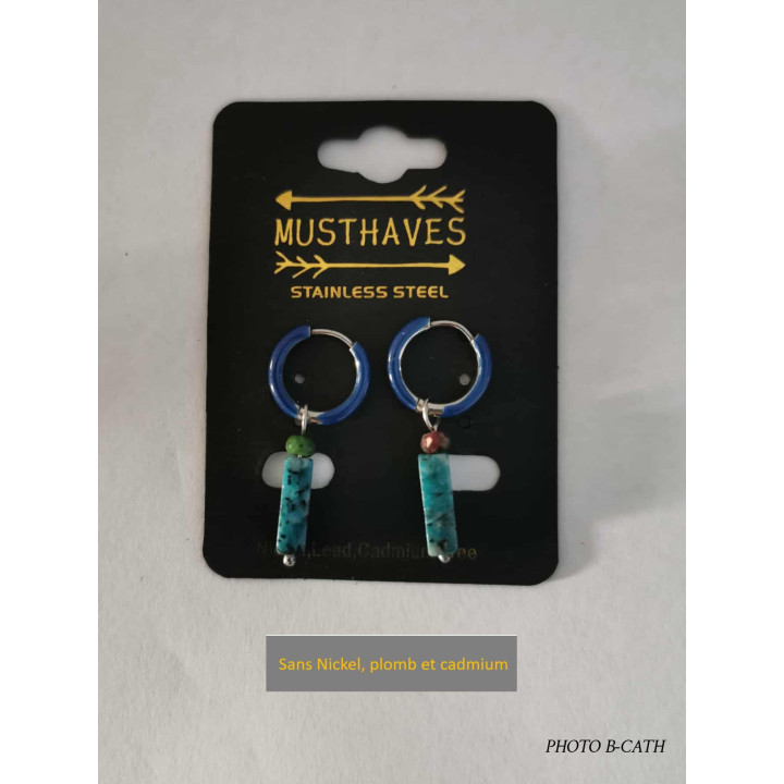Boucles d'oreilles en acier inoxydable avec incrustation du gneiss bleu