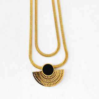 Collier à Double Chaîne Serpent Empilé & Pendentif en Forme d'Éventail - Bijou Acier Inoxydable Doré