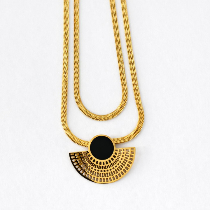 Collier à Double Chaîne Serpent Empilé & Pendentif en Forme d'Éventail - Bijou Acier Inoxydable Doré