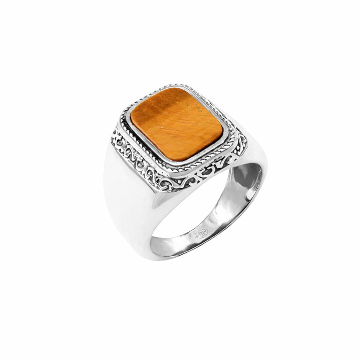 Chevalière oeil de tigre, taille rectangle, motif ciselé, argent 925/1000 - taille 21,6 mm =  68