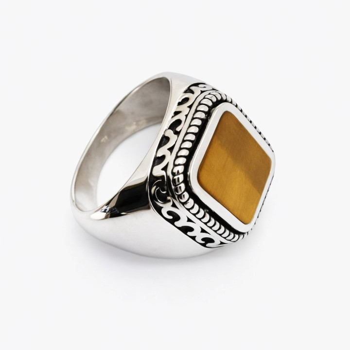 Chevalière oeil de tigre, taille rectangle, motif ciselé, argent 925/1000 - taille 21,6 mm =  68