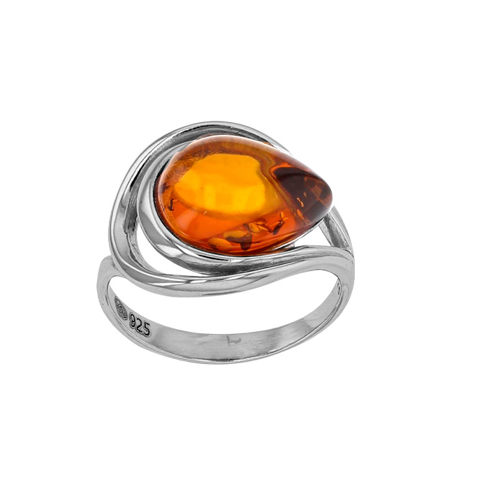 Bague ajourée ambre cognac forme amande, argent 925/1000 rhodié