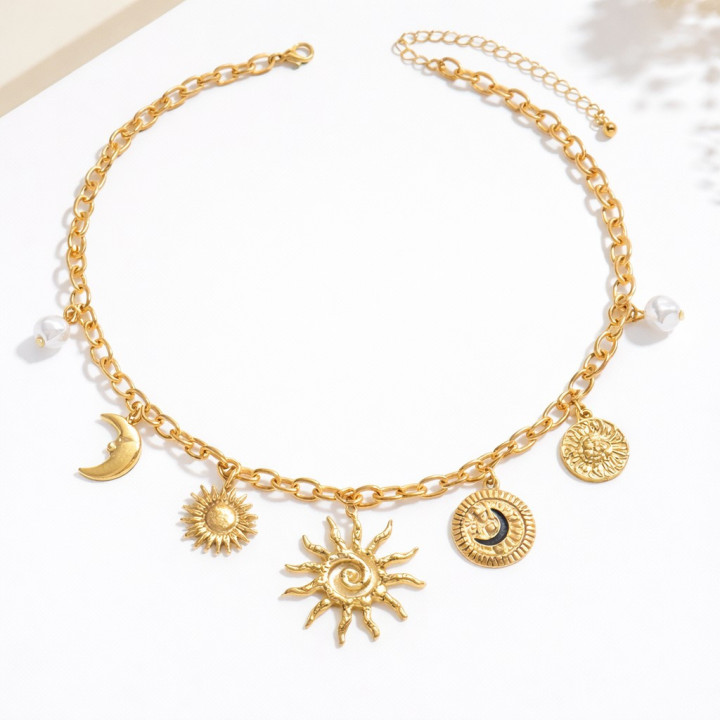 Collier Pendentif Soleil, Étoile, Lune