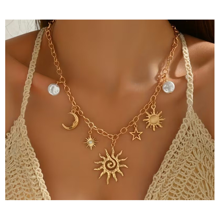 Collier Pendentif Soleil, Étoile, Lune