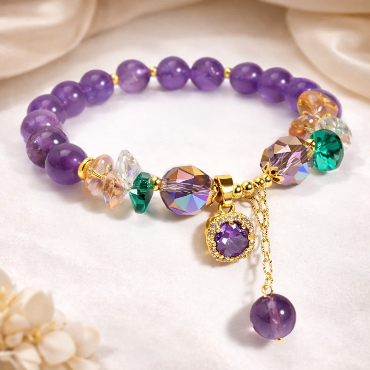 Bracelet de perles couleur améthyste classique avec zircone cubique