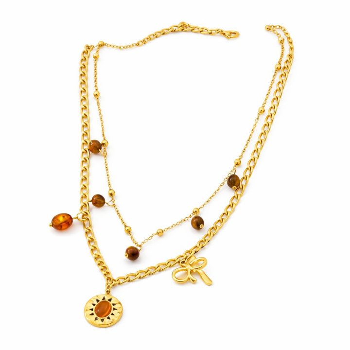 Collier Élégant à Double Couche en Imitation d'Ambre, Acier Inoxydable 304 Doré
