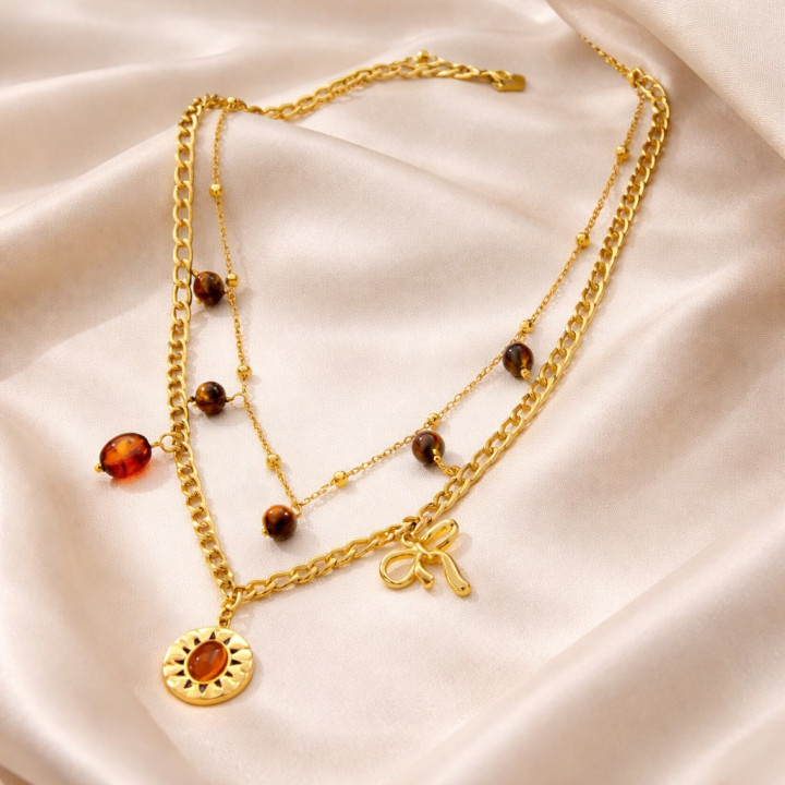 Collier Élégant à Double Couche en Imitation d'Ambre, Acier Inoxydable 304 Doré