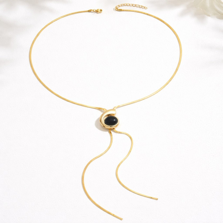 Collier Femme Chaîne Large Métal Doré avec Pendentif Ovale Acrylique Noir