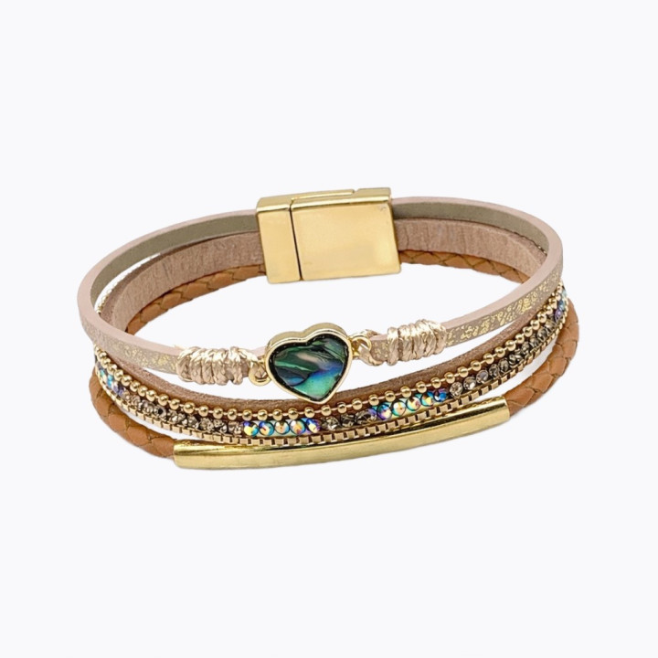 Bracelet en cuir Beige une remarquable incrustation de nacre (MOP) en forme de cœur