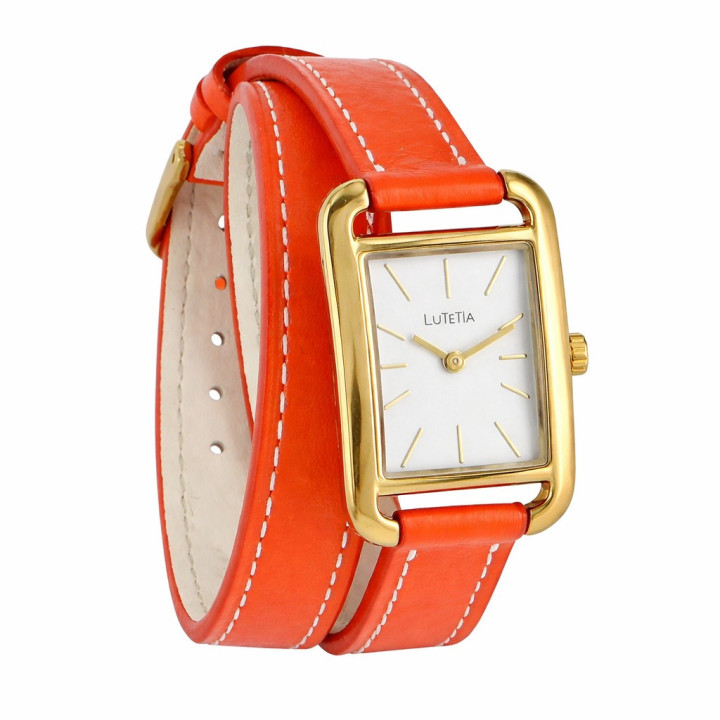 Montre Lutetia boîtier carré métal doré, cadran blanc, bracelet double tour cuir de bovin orange