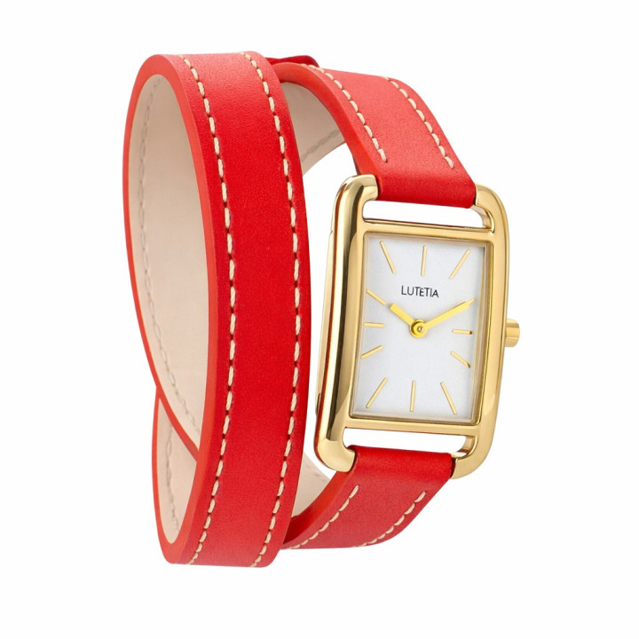 Montre Lutetia boîtier carré métal doré, cadran blanc, bracelet double tour cuir de bovin rouge