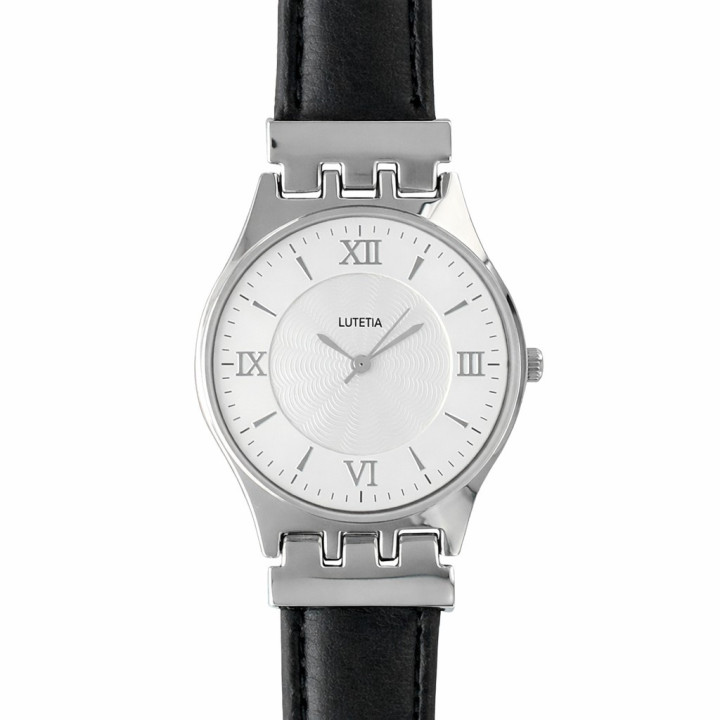 Montre Lutetia boîtier métal, bracelet cuir de bovin noir