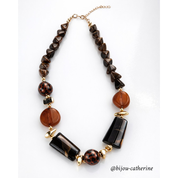 Collier en Résine marron à Imprimé Léopard et Perles Géométriques pour Femmes