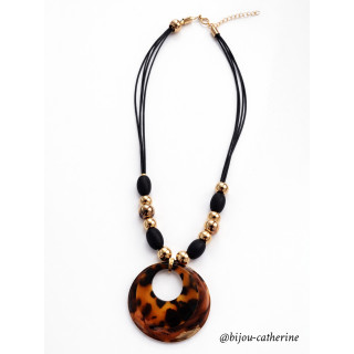 Collier Pendentif élégant Géométrique Imprimé Léopard avec Perles, Alliage de Zinc, Design Anneau Rond