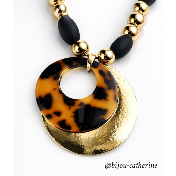 Collier Pendentif élégant Géométrique Imprimé Léopard avec Perles, Alliage de Zinc, Design Anneau Rond