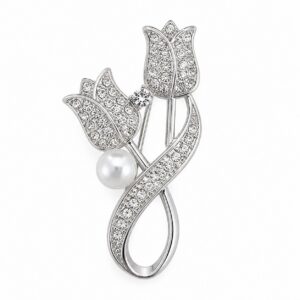 Broche Tulipe couleur argent avec strass