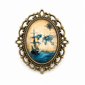 Broche avec Boussole Nautique - Ovale en verre avec bordure en dentelle