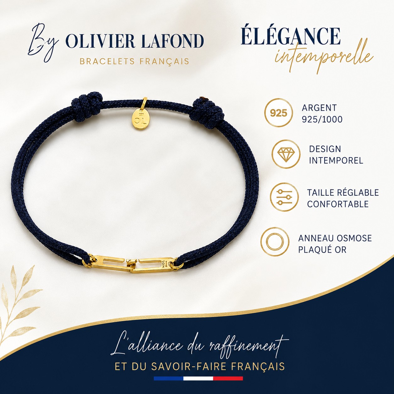 Bracelet By Olivier Lafond réglable en argent plaqué or - anneau Osmose taille S - cordon bleu marine – Image 3