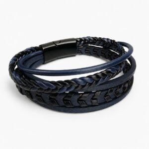Bracelet homme noir et bleu tressé en PU avec fermoir magnétique - Bijou Catherine