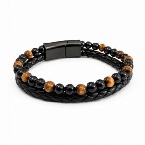 Bracelet homme noir avec perles en PU avec fermoir magnétique - Bijou Catherine